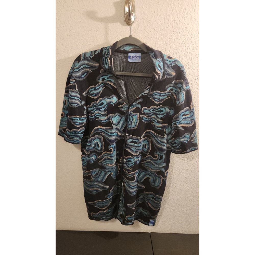 Scotch & Soda Amsterdam Mens Large Jacquard Knit Abstract Wave Camp Shirt Blue